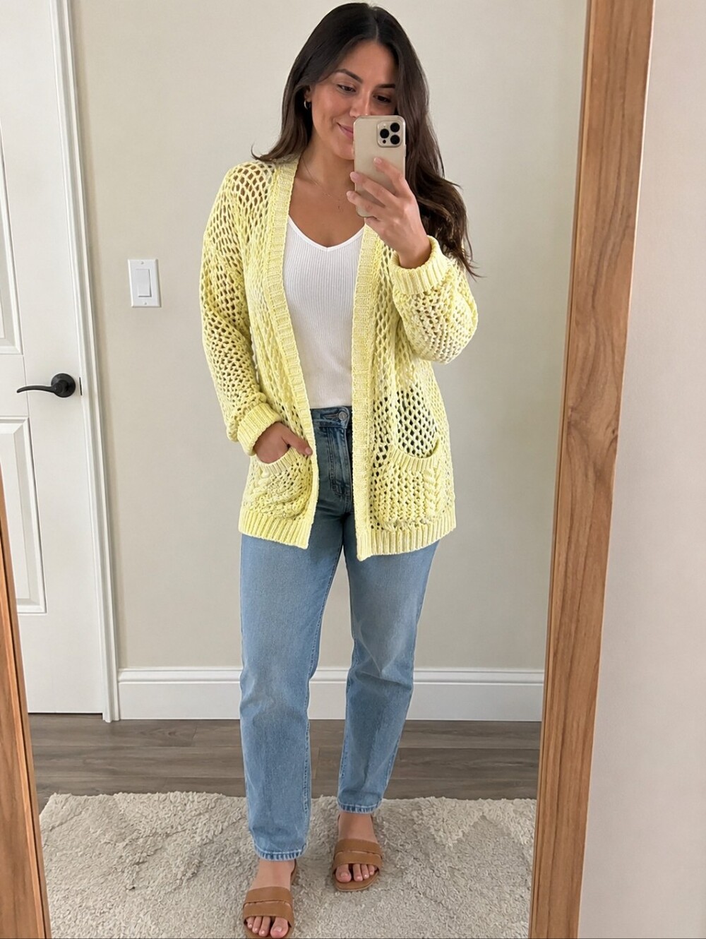 Anthripologie Light Yellow Open-Knit Pocket Cardigan Sweater